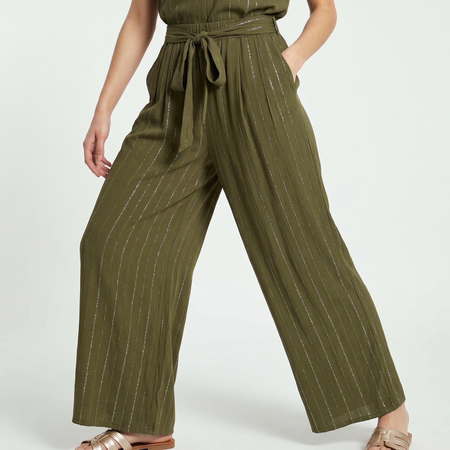 Palazzo Trousers with Lurex and Belt - Green