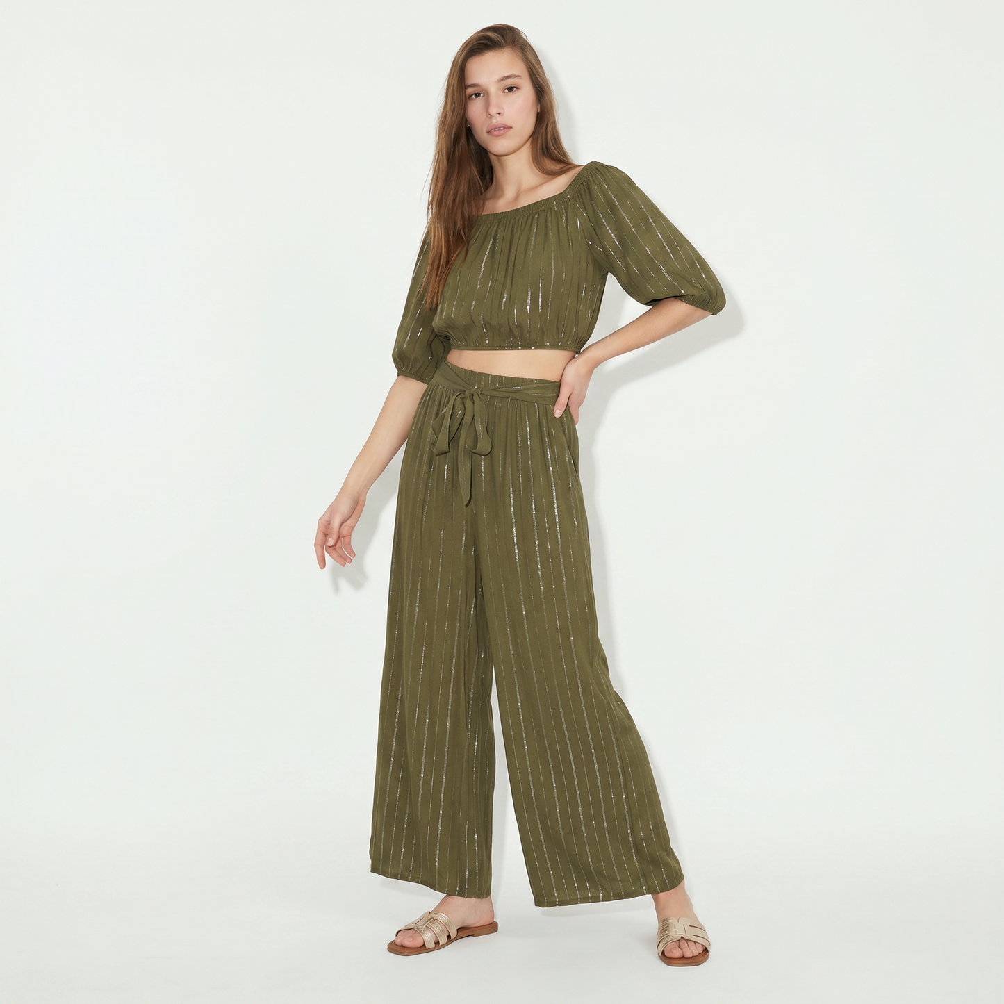 Palazzo Trousers with Lurex and Belt - Green