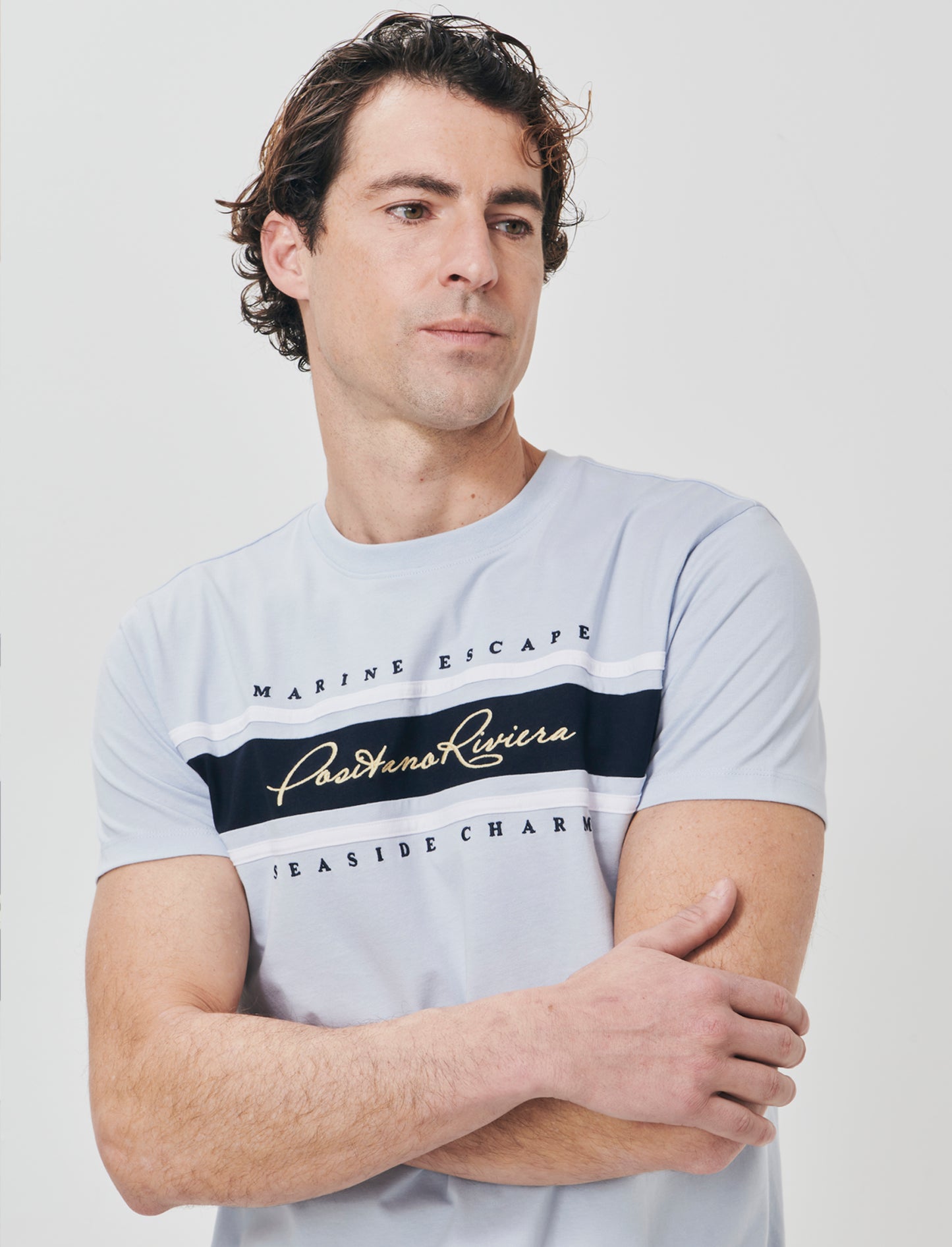 T-shirt with band and embroidery on the chest - Sky blue
