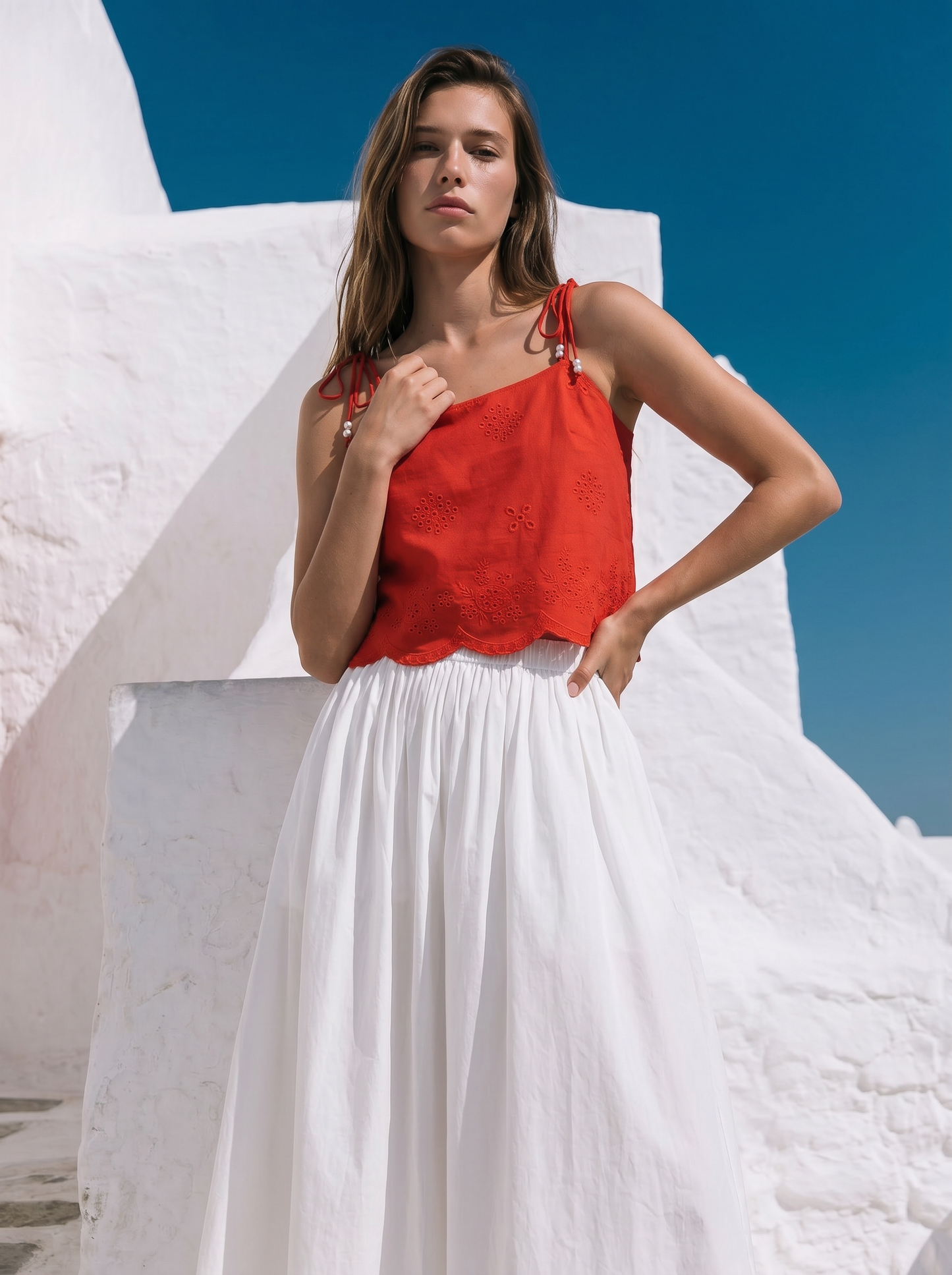 Top con Pizzo e Bretelle con Fiocco - Corallo