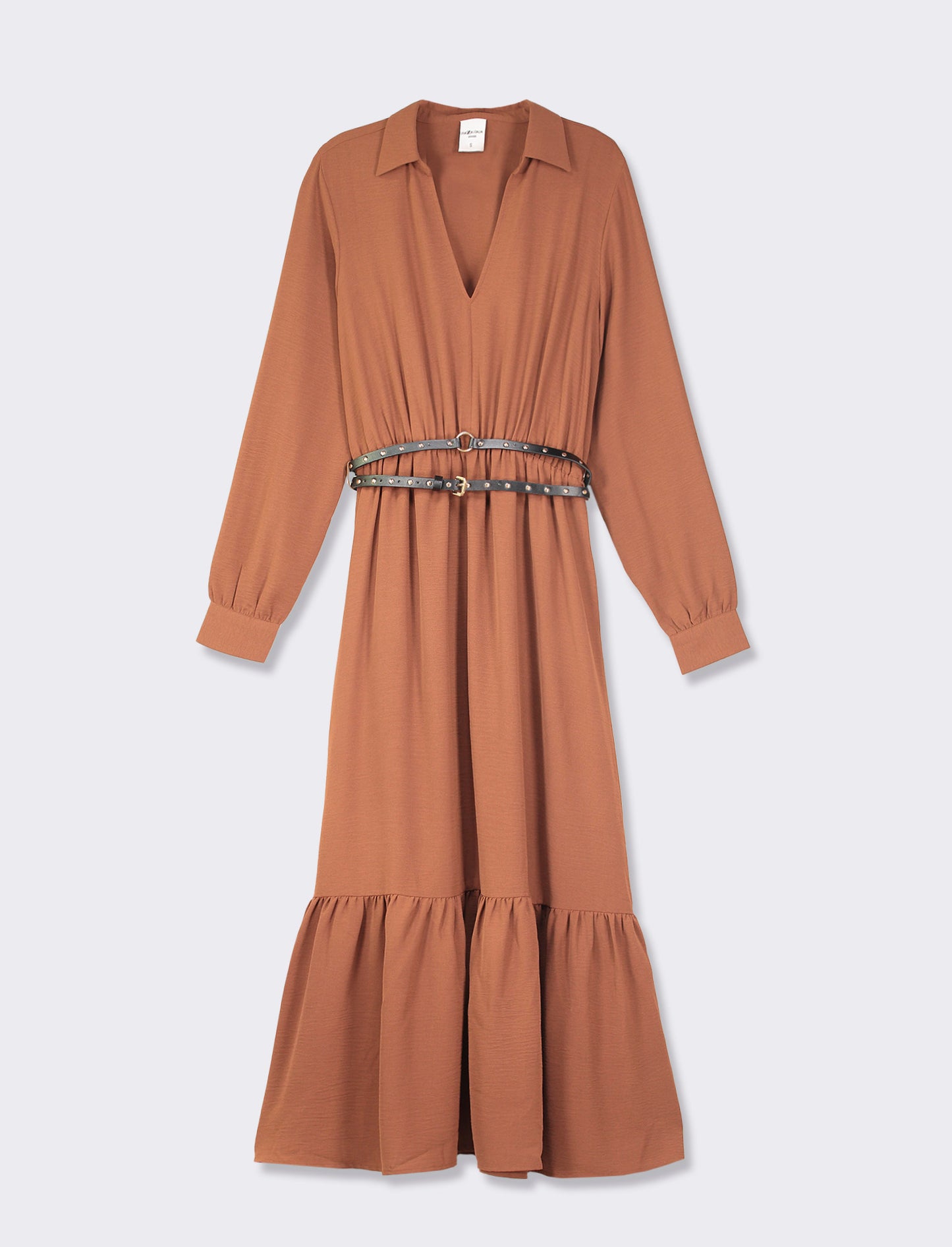 Long Sleeve Shirt Collar V-Neck Dress with Ruffle Hem and Studded Leather-effect Belt - Brown