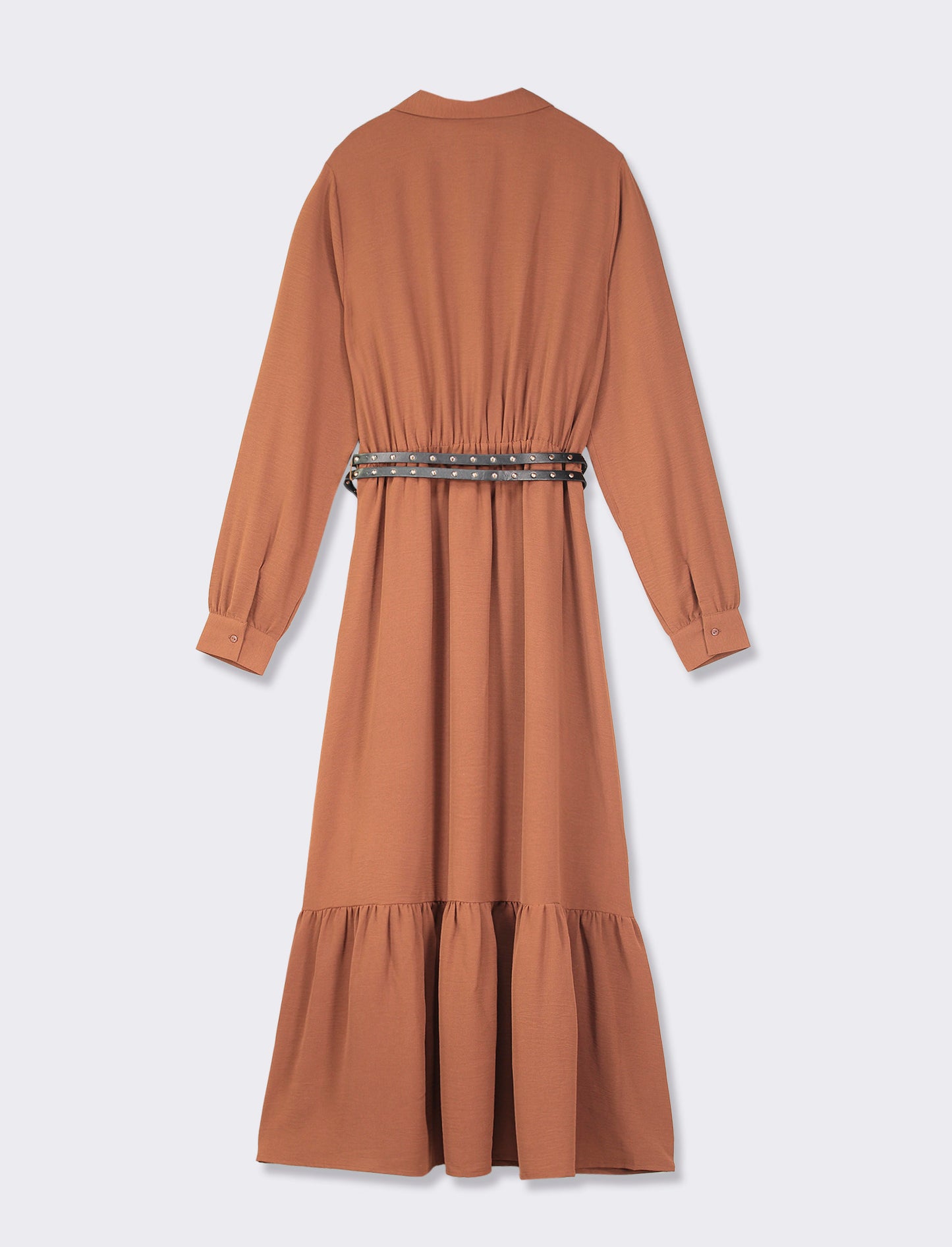 Long Sleeve Shirt Collar V-Neck Dress with Ruffle Hem and Studded Leather-effect Belt - Brown