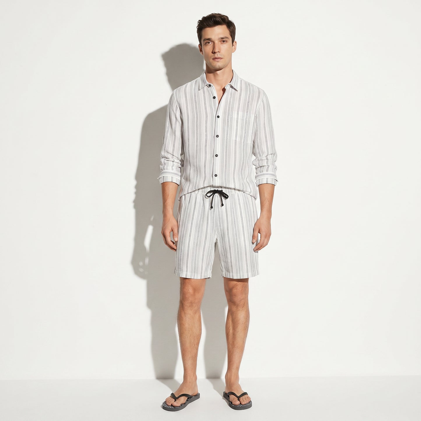 Camicia a righe in lino regular fit - Bianco