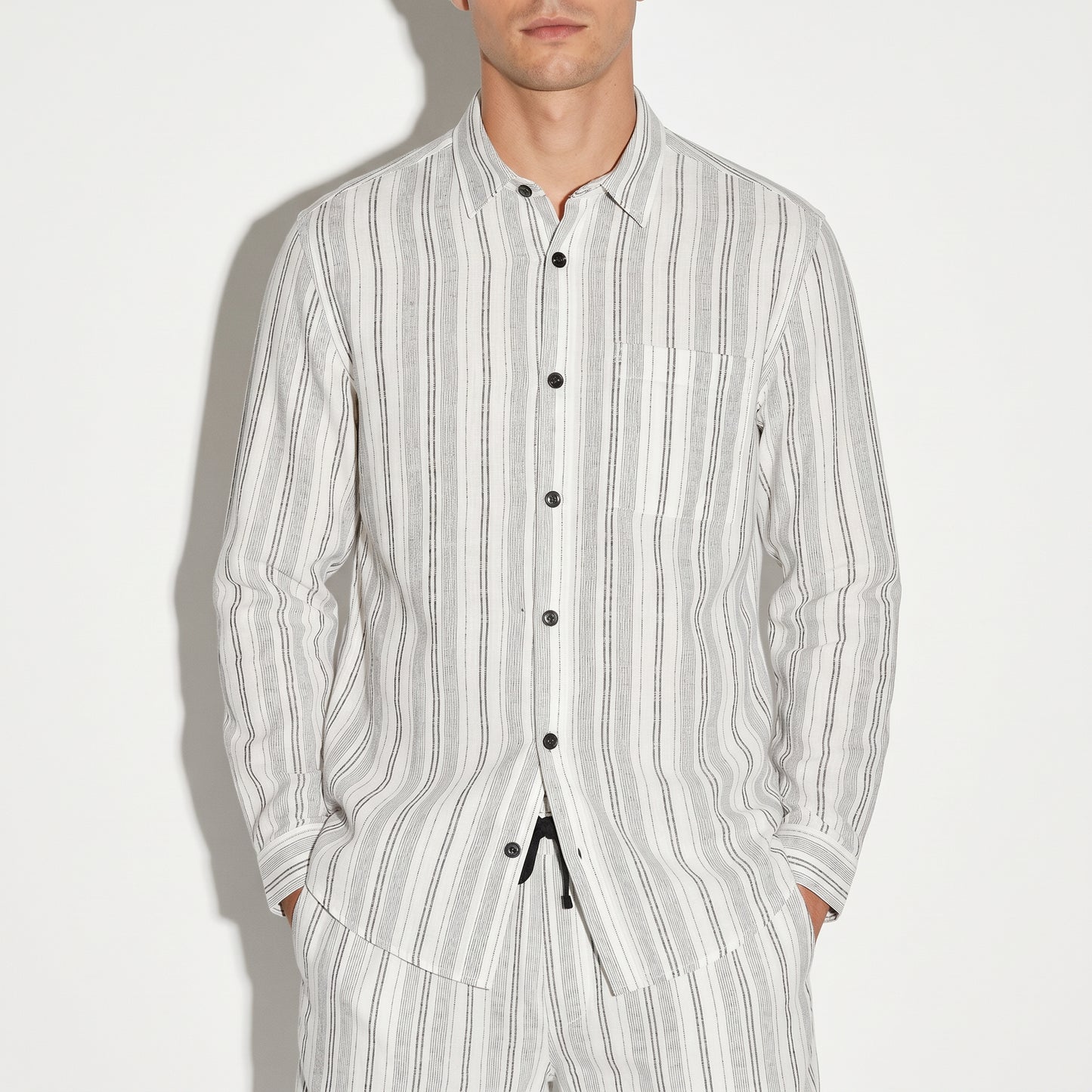 Camicia a righe in lino regular fit - Bianco