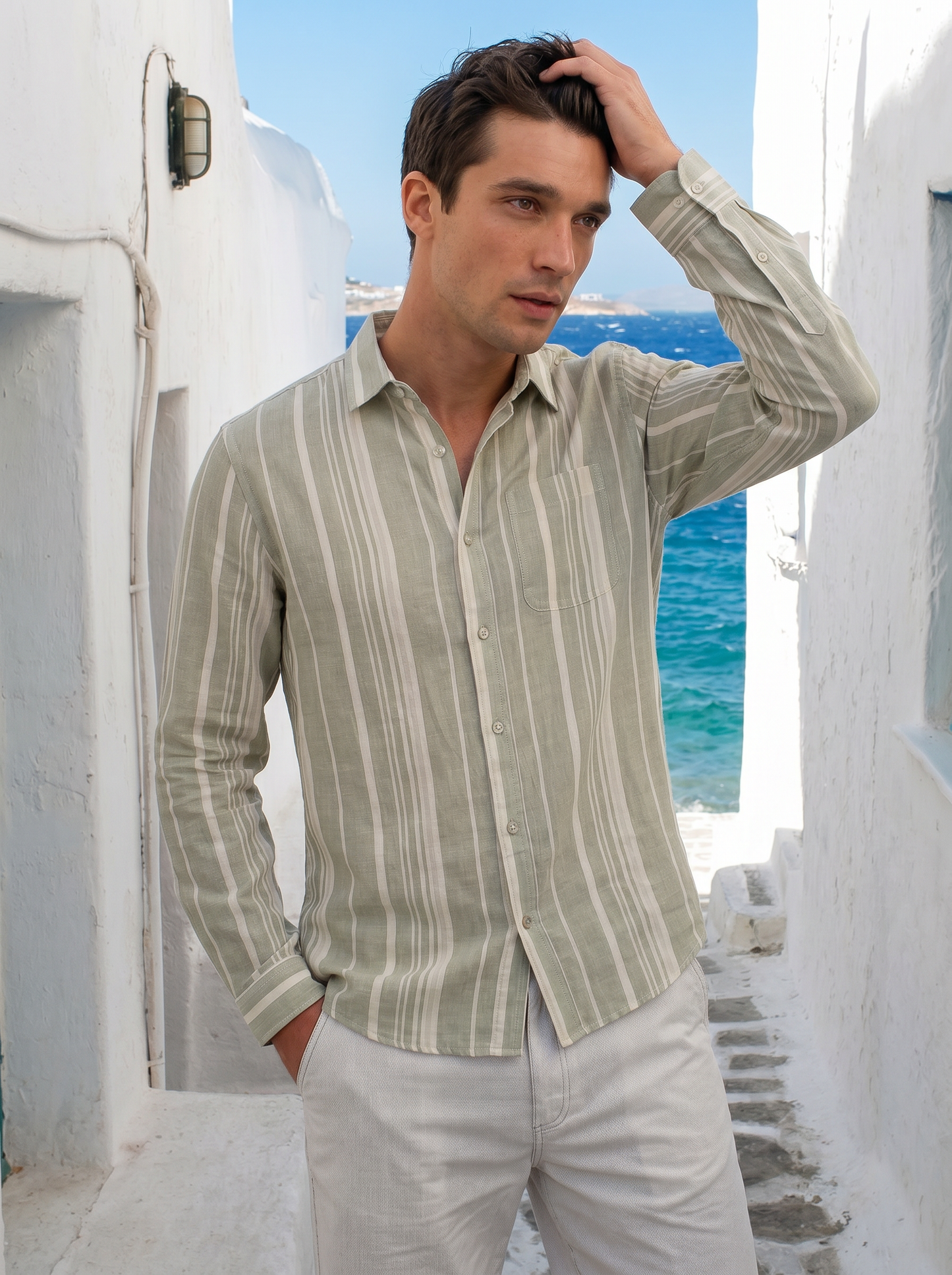 Camicia a righe regular fit in lino cotone - Verde