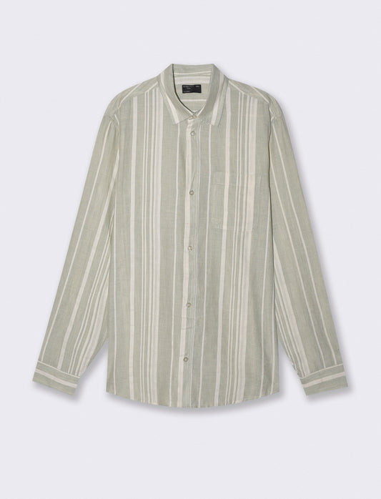 Camicia a righe regular fit in lino cotone - Verde