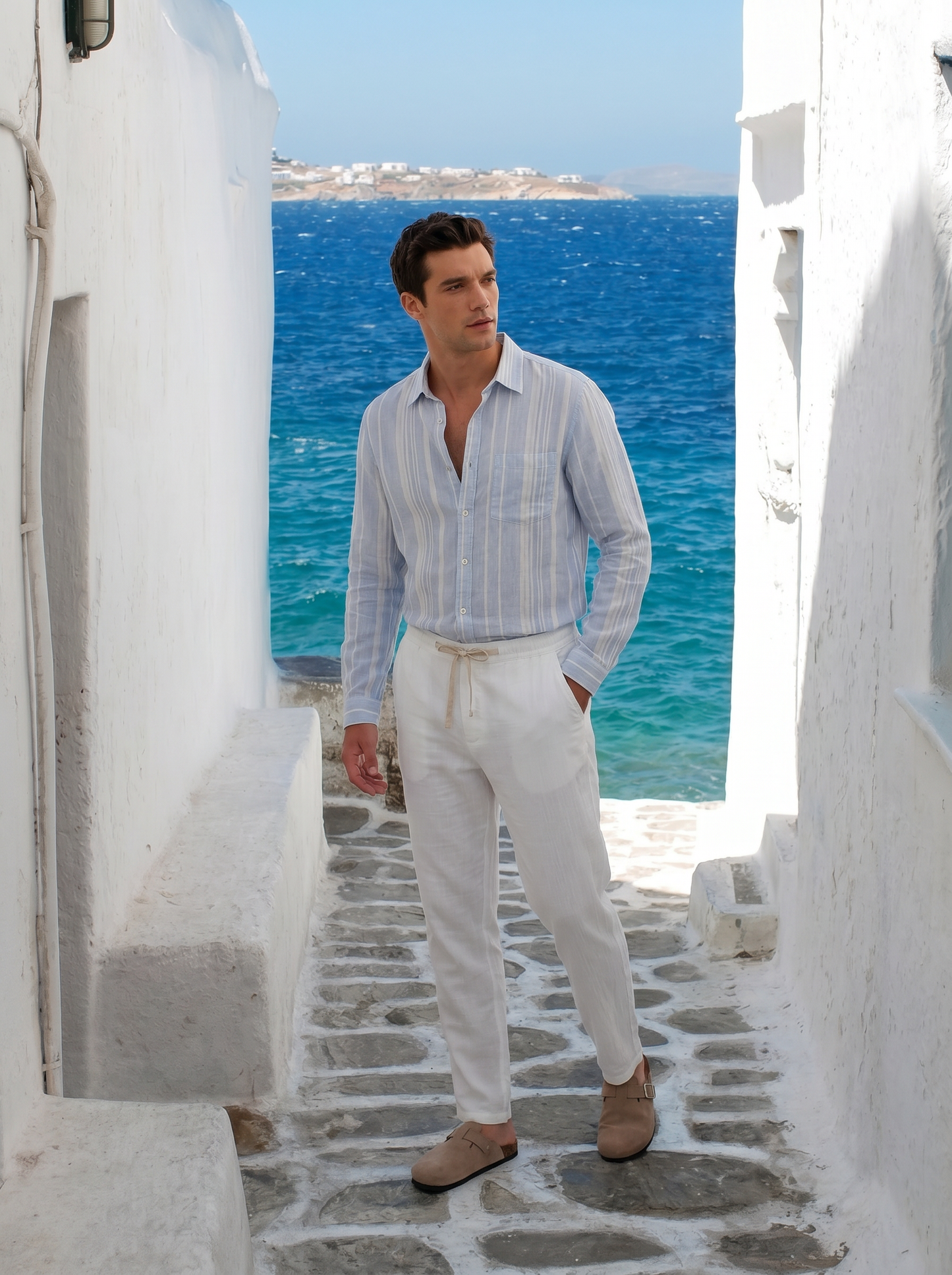 Camicia a righe regular fit in lino cotone - Celeste