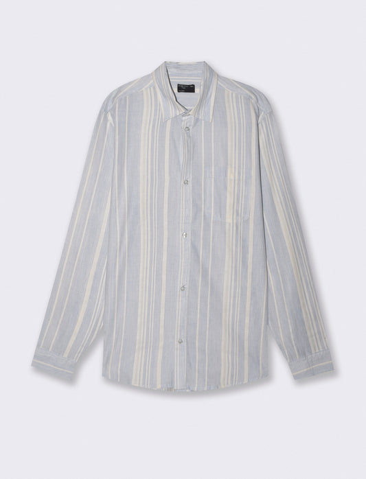 Camicia a righe regular fit in lino cotone - Celeste