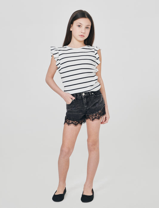 Short in denim con balza in pizzo - Nero