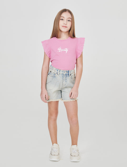 Short in denim con borchie e vita regolabile - Denim