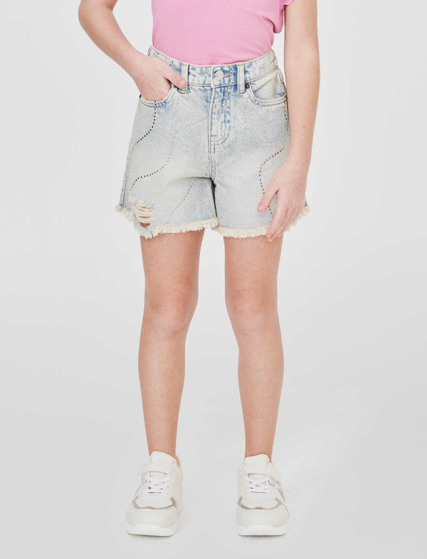 Short in denim con borchie e vita regolabile - Denim
