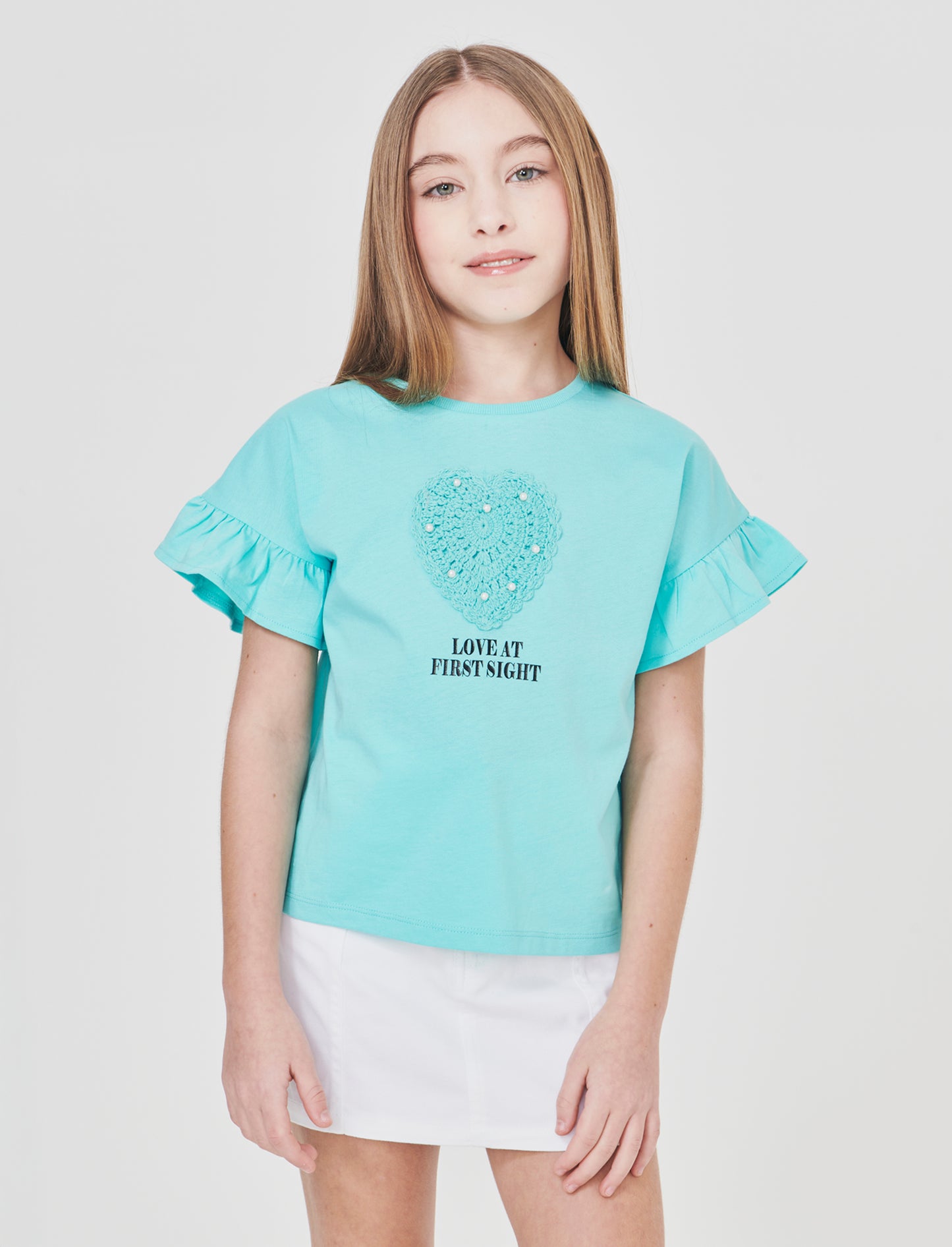 T-shirt mezza manica con cuore crochet - Verde acqua