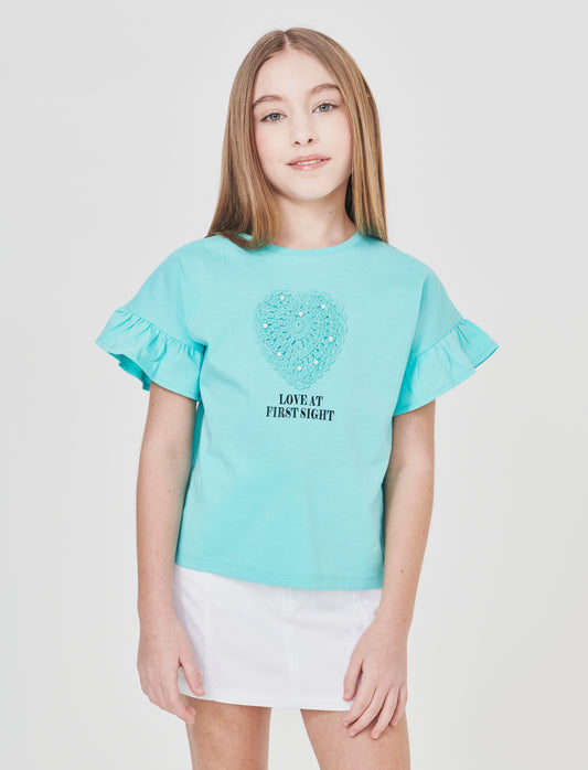 T-shirt mezza manica con cuore crochet - Verde acqua