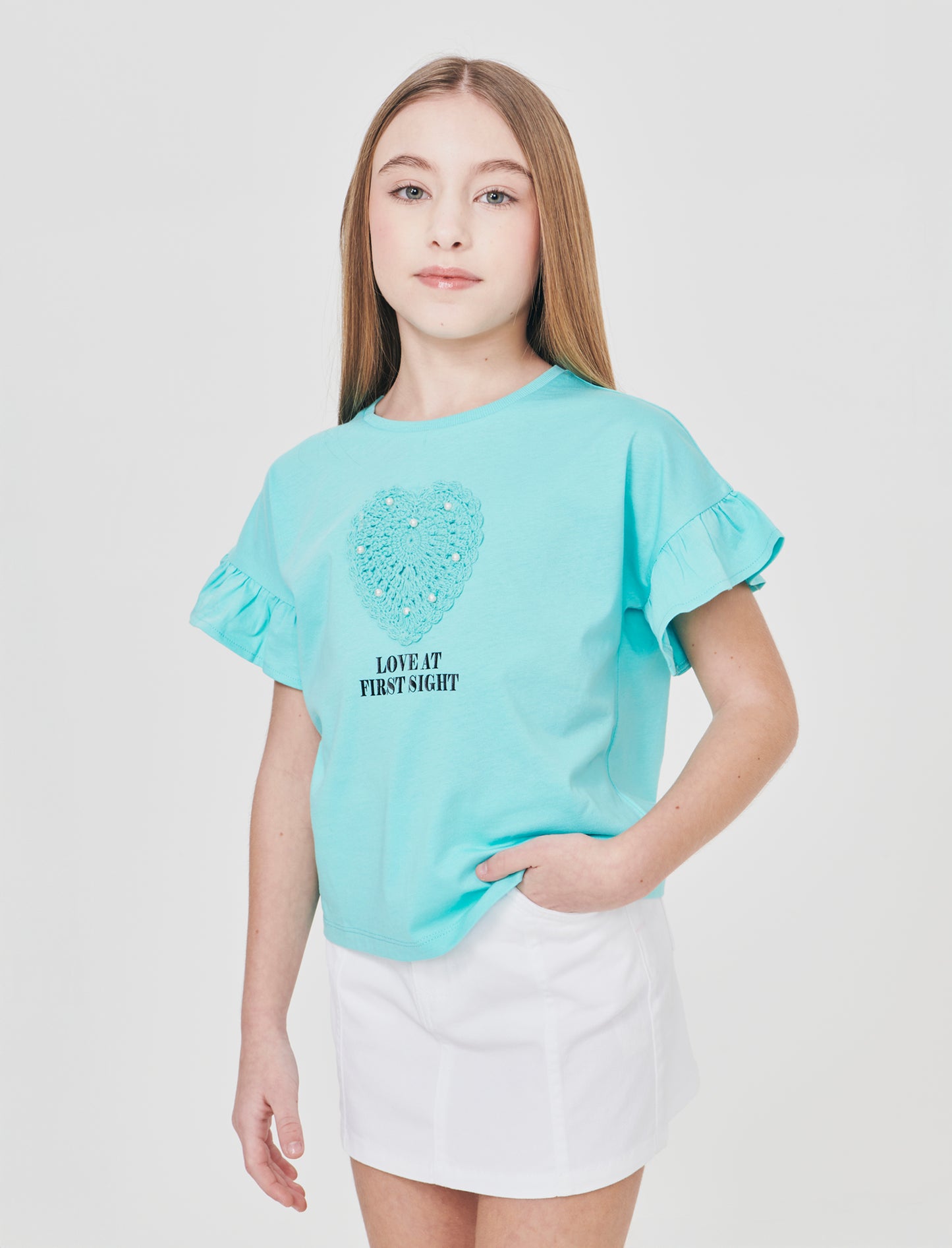 T-shirt mezza manica con cuore crochet - Verde acqua