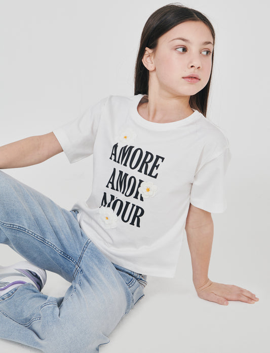 T-shirt over in cotone con fiori crochet - Bianco