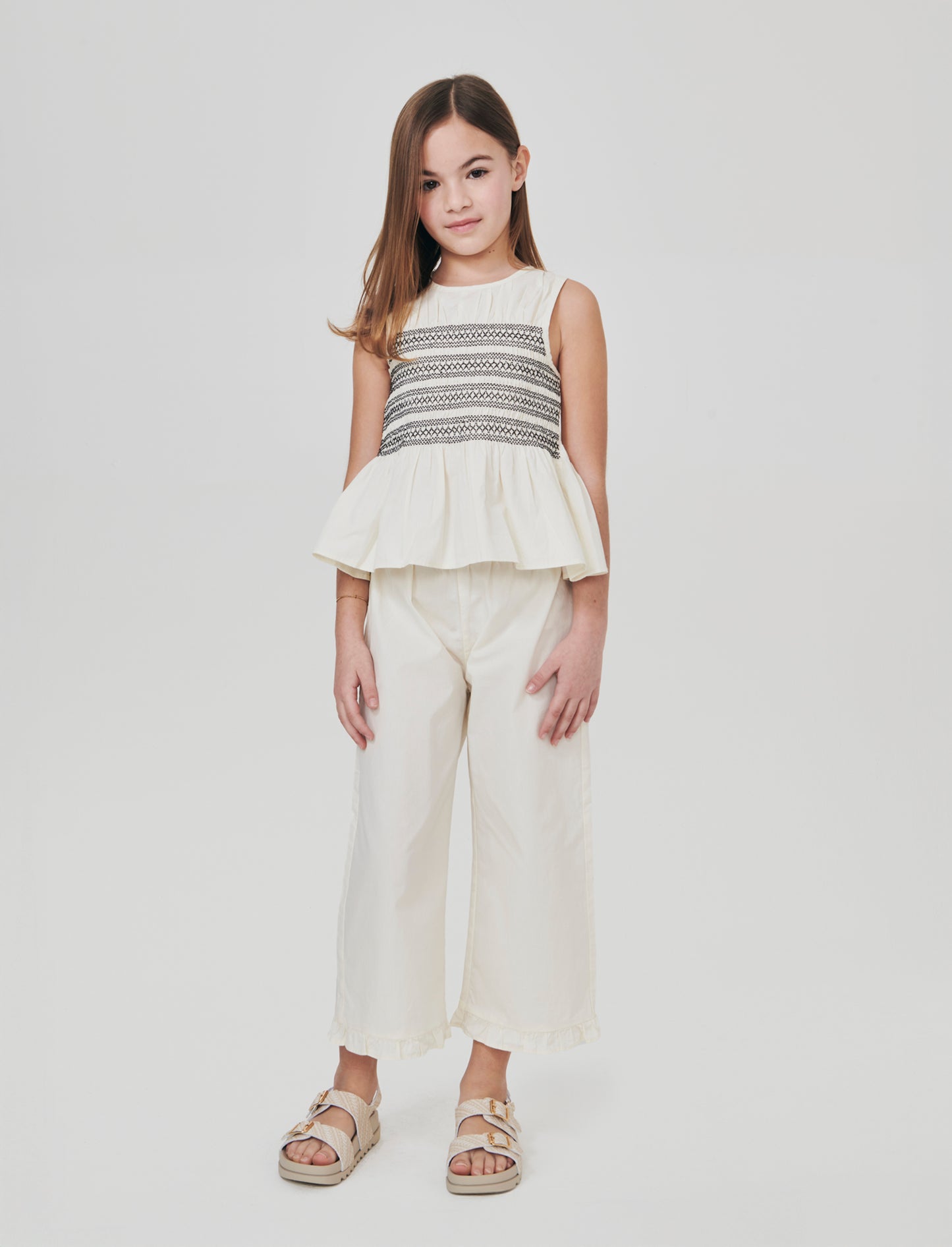 Camicia in cotone con rouches e smock - Beige