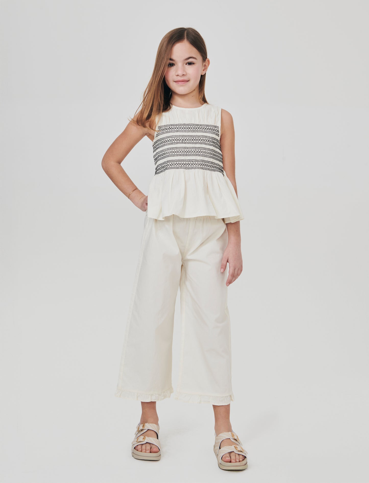 Camicia in cotone con rouches e smock - Beige