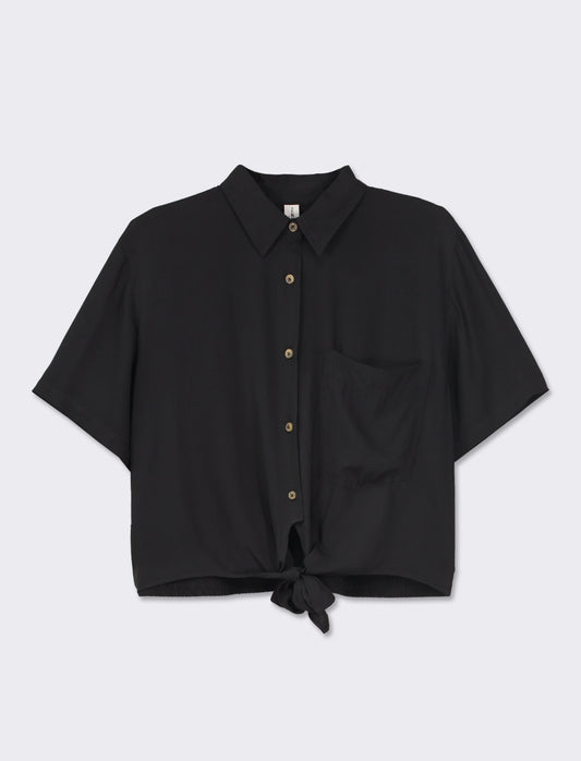 Camicia crop in tessuto di viscosa leggera con collo bowling e arriccio sul retro - Nero