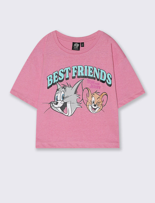 T-shirt cropped Tom & Gerry in cotone - Rosa
