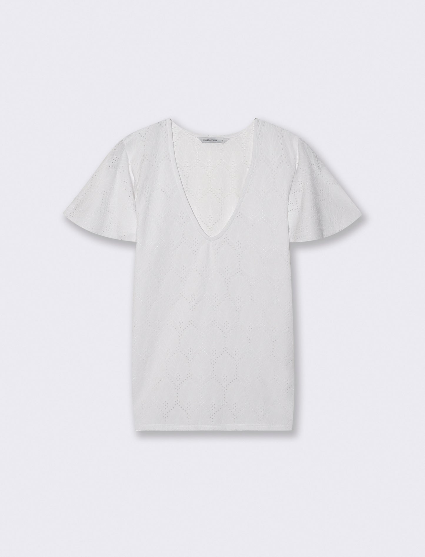 T-Shirt Scollo a V con Manica a Volant - Bianco