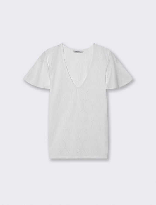 T-Shirt Scollo a V con Manica a Volant - Bianco