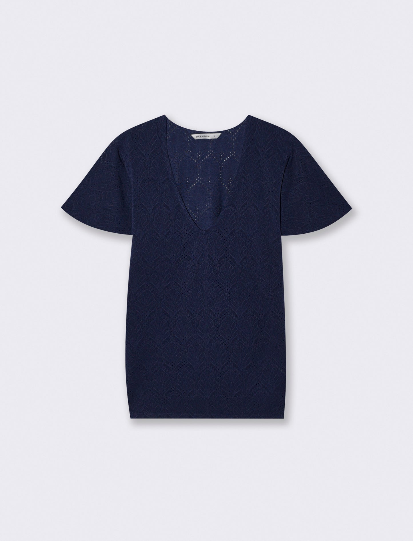 T-Shirt Scollo a V con Manica a Volant - Blu