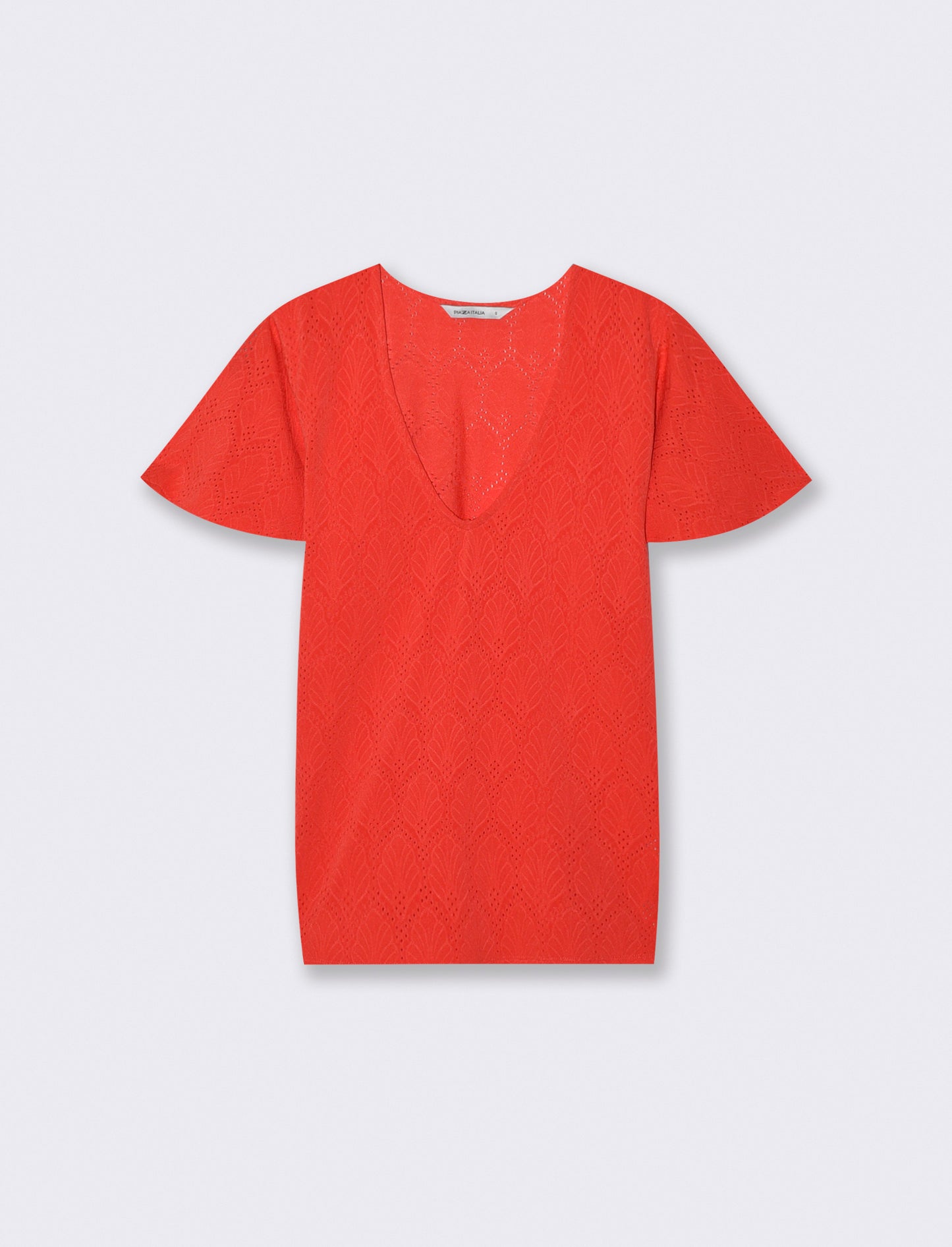 T-Shirt Scollo a V con Manica a Volant - Corallo