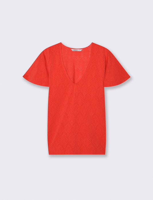 T-Shirt Scollo a V con Manica a Volant - Corallo