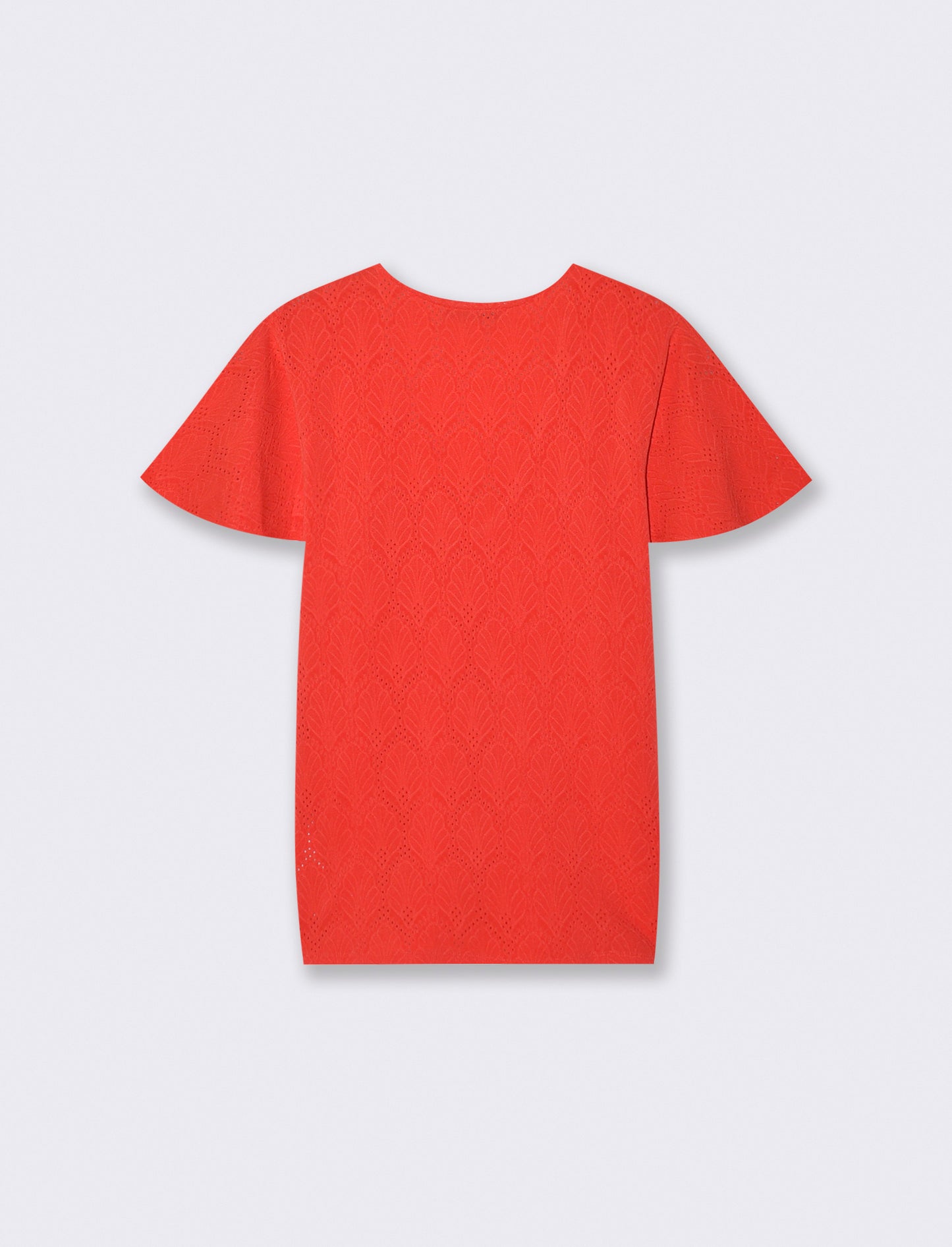 T-Shirt Scollo a V con Manica a Volant - Corallo