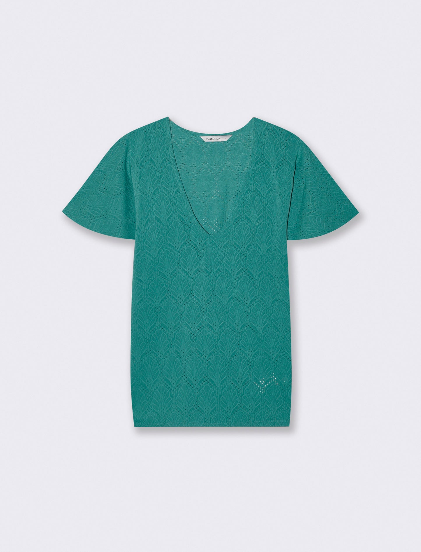 T-Shirt Scollo a V con Manica a Volant - Verde smeraldo