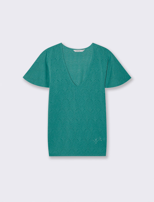 T-Shirt Scollo a V con Manica a Volant - Verde smeraldo