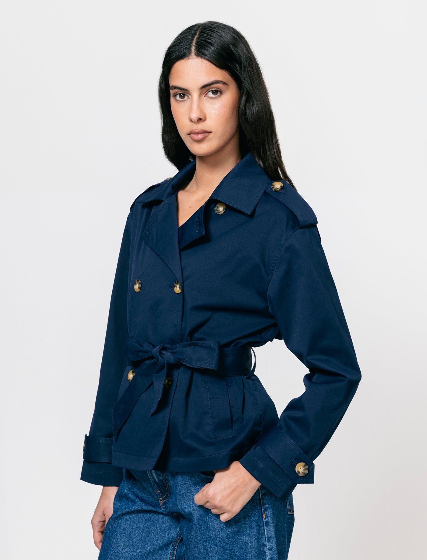 Trench Corto Doppiopetto con Cintura - Blu