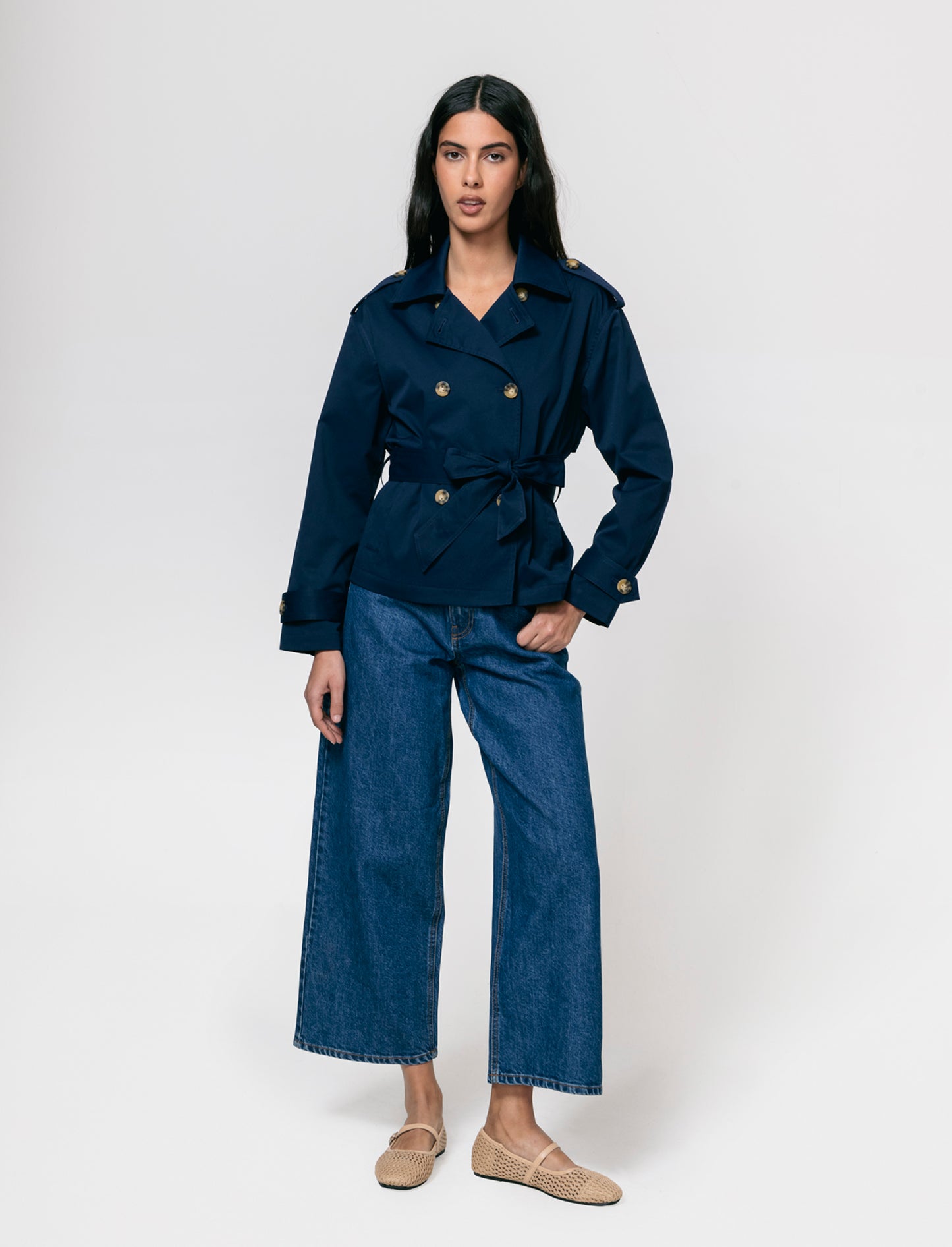 Trench Corto Doppiopetto con Cintura - Blu