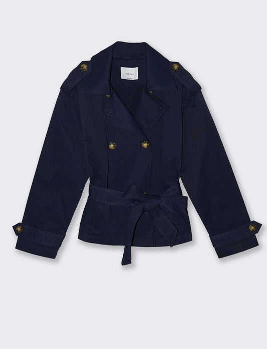 Trench Corto Doppiopetto con Cintura - Blu