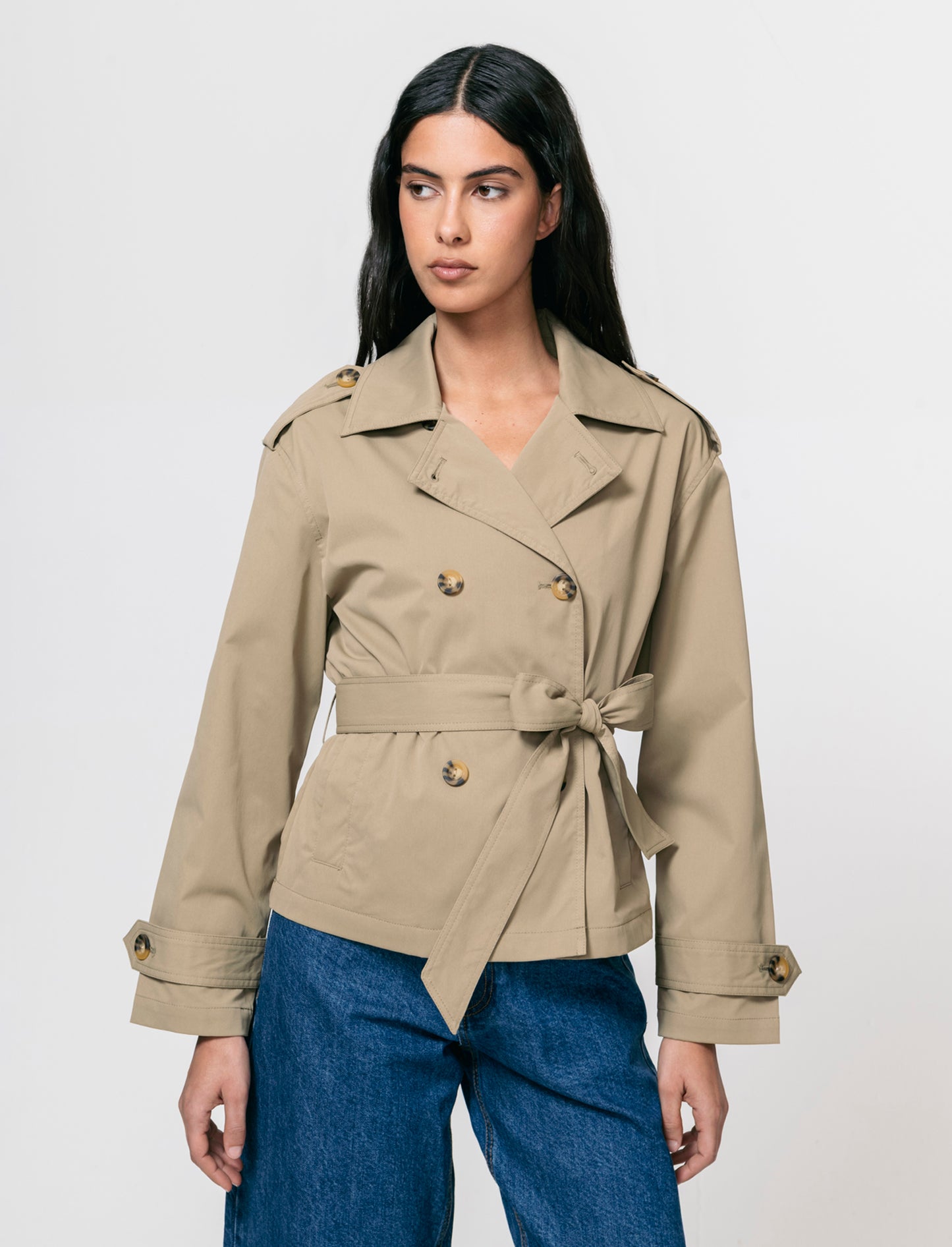 Trench Corto Doppiopetto con Cintura - Beige fieno