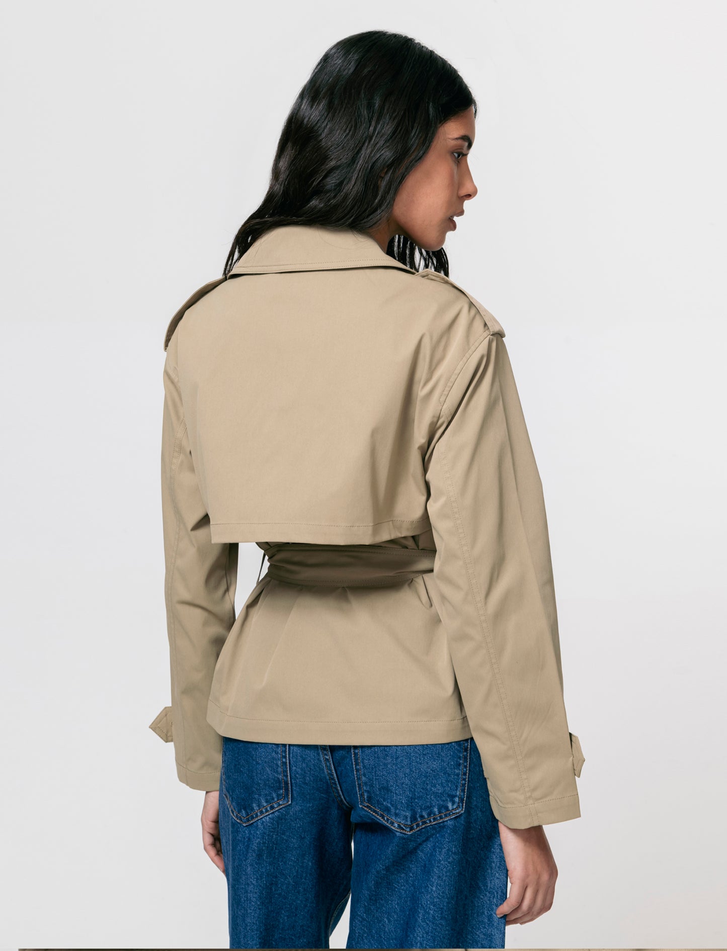 Trench Corto Doppiopetto con Cintura - Beige fieno