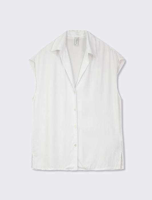 Sleeveless Fluid Fabric Shirt with Pearl Buttons - White