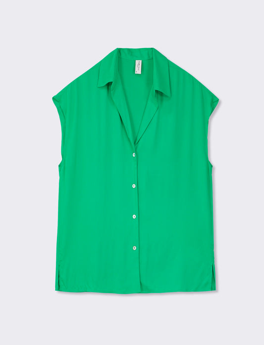 Sleeveless Fluid Fabric Shirt with Pearl Buttons - Green