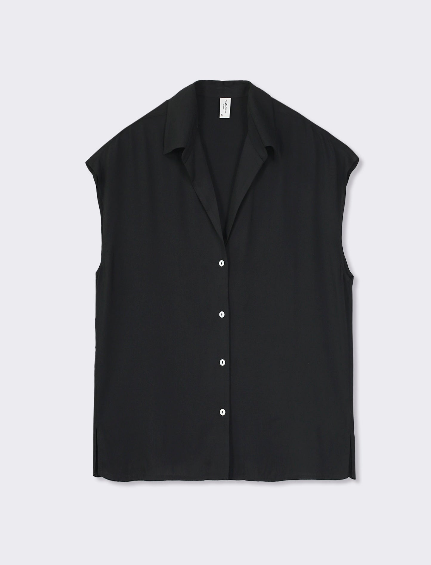 Sleeveless Fluid Fabric Shirt with Pearl Buttons - Black