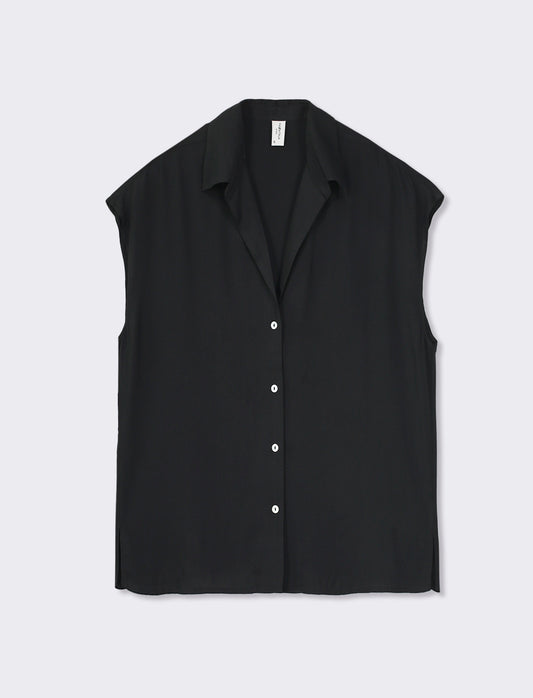 Sleeveless Fluid Fabric Shirt with Pearl Buttons - Black