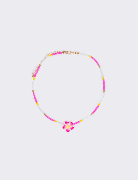Collana con perline e fiore - Fuxia