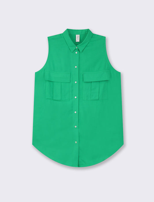 Camicia smanicata con tasche e bottoni in madre perla - Verde mela