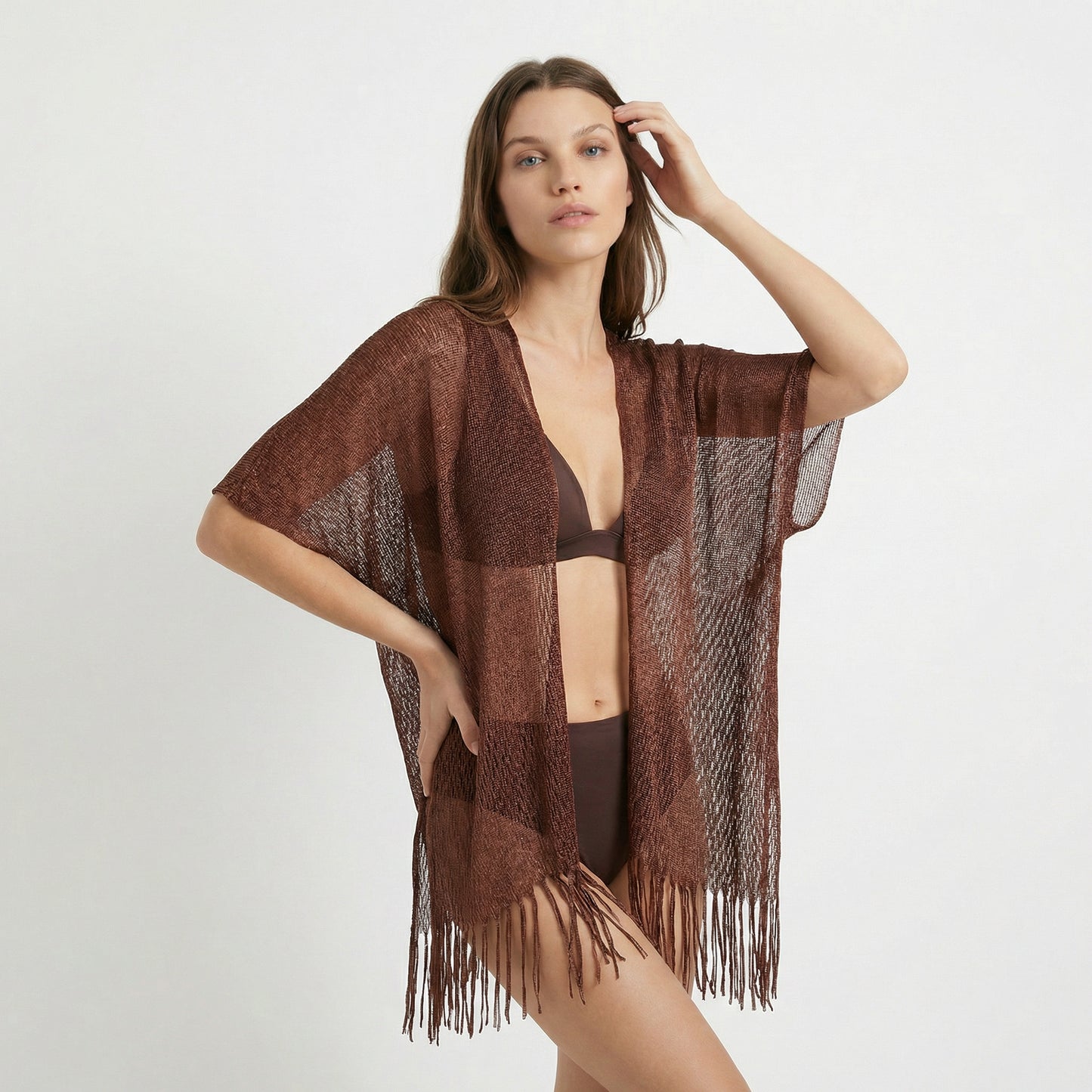 Copricostume lurex a rete con frange - Marrone