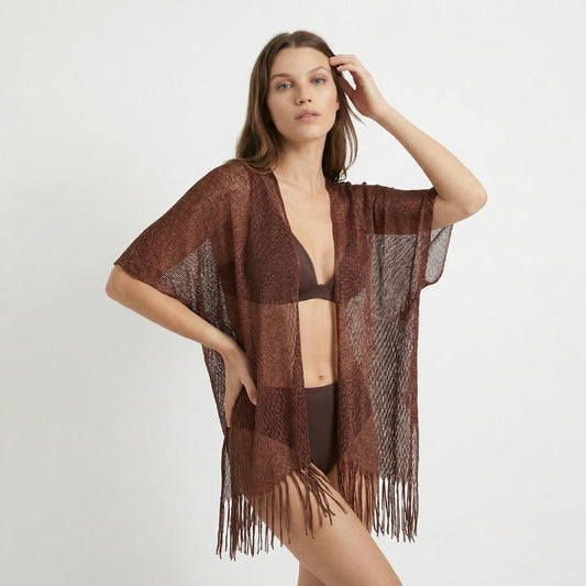 Lurex mesh cover-up with fringes - Brown