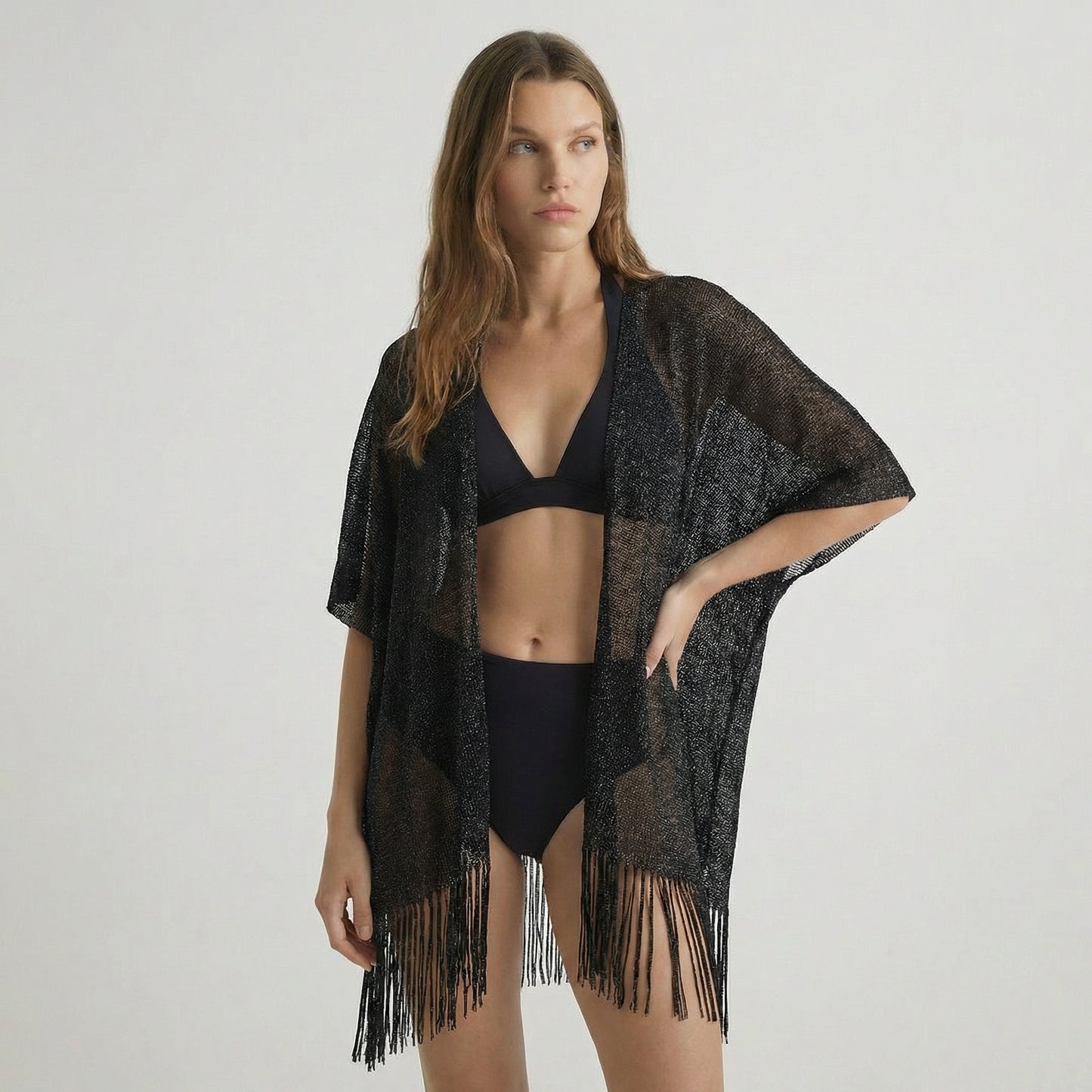 Copricostume lurex a rete con frange - Nero