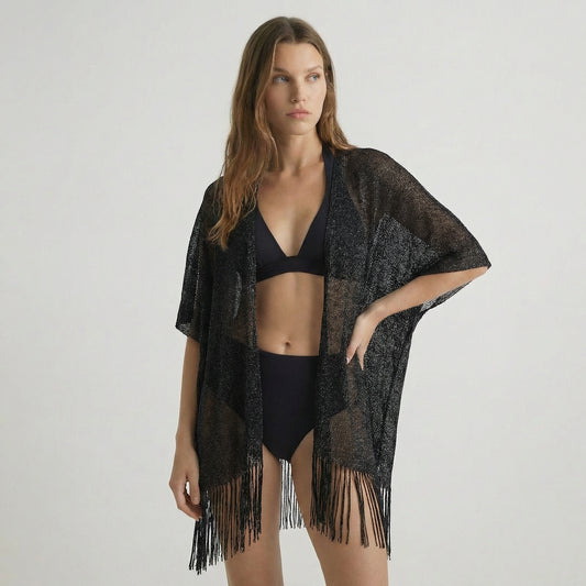 Lurex mesh cover-up with fringes - Black