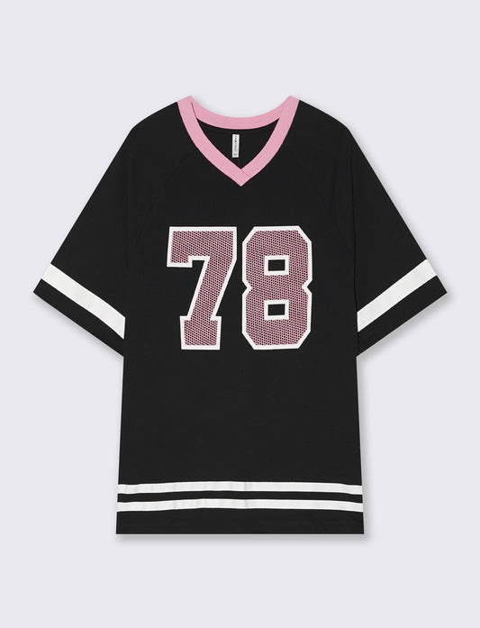 T-Shirt Scollo a V con Stampa - Nero