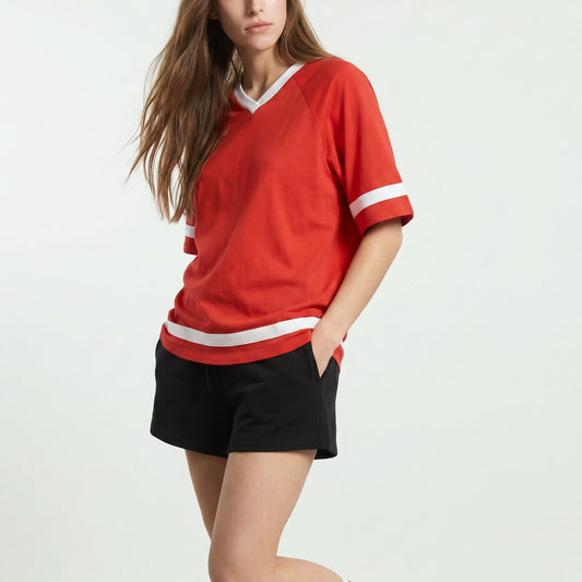 T-Shirt Scollo a V con Stampa - Corallo