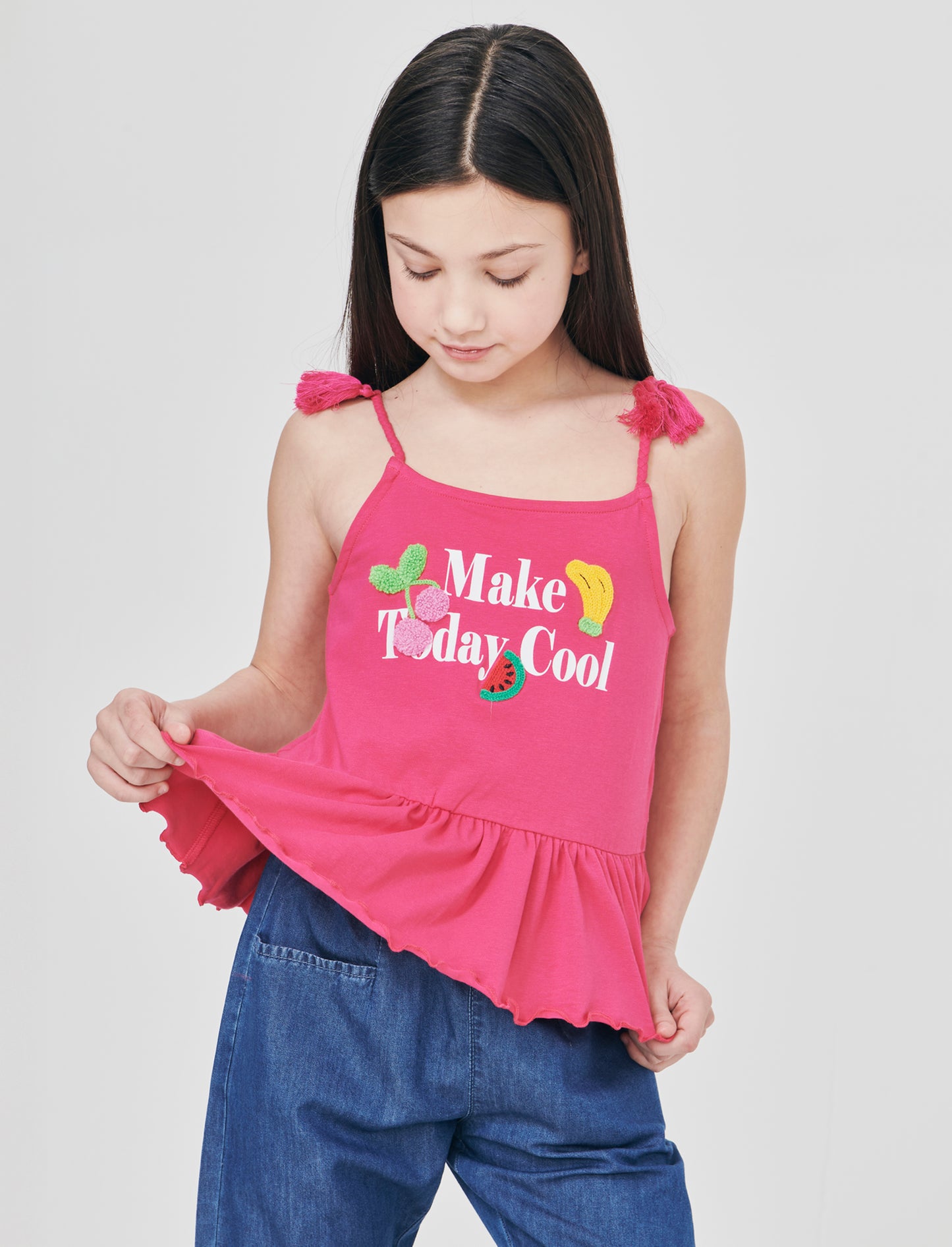 Top in cotone con bretelle e patch 3D - Fuxia