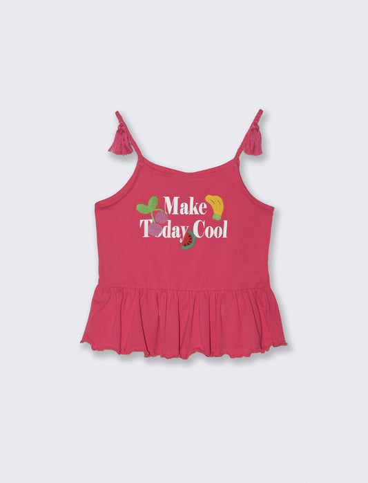 Top in cotone con bretelle e patch 3D - Fuxia
